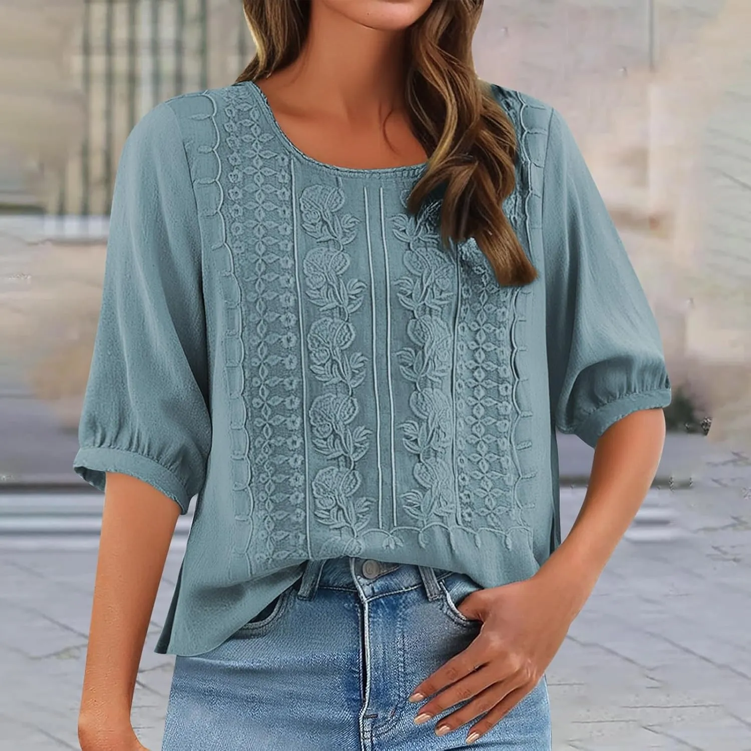 Linen Shirts for Women 2025 Women's Summer Linen 3/4 Sleeve Tunics Retro Embroidered Boho Loose Casual Styles