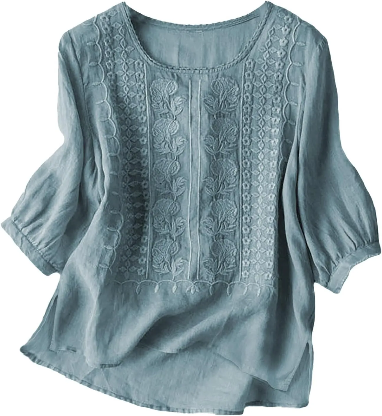 Linen Shirts for Women 2025 Women's Summer Linen 3/4 Sleeve Tunics Retro Embroidered Boho Loose Casual Styles
