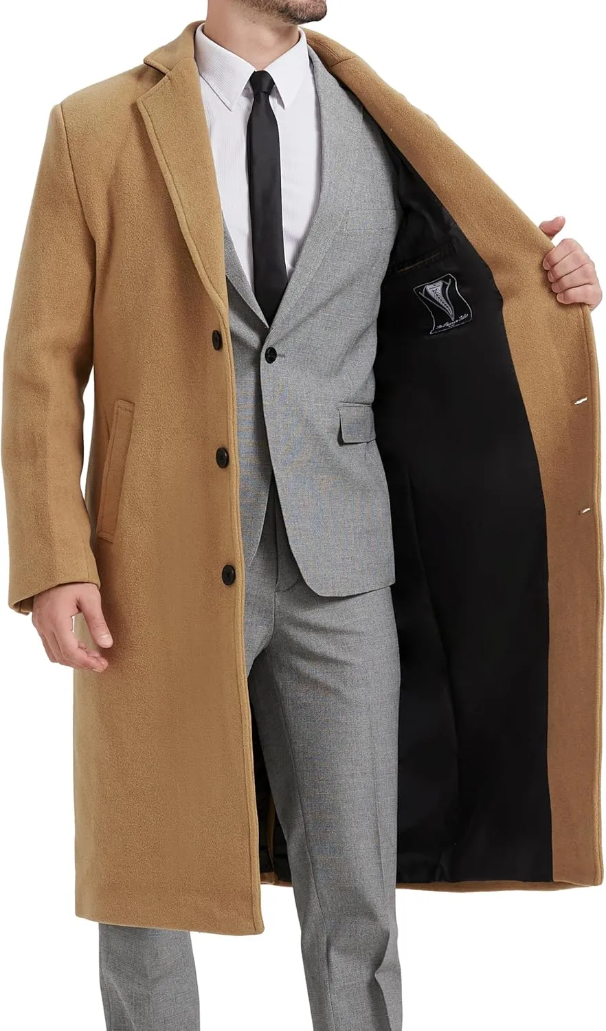 Mens Black Overcoat Wool & Cashmere Warm Winter Mod Coat Black Lining Jacket