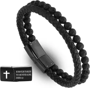Mens Bracelet, Jewelry Gifts for Men,Black Braided Leather Stainless Steel Cross With Black Onyx Beads Double-Row Bracelets for Men,For Dad,Friends,Brother,Sons