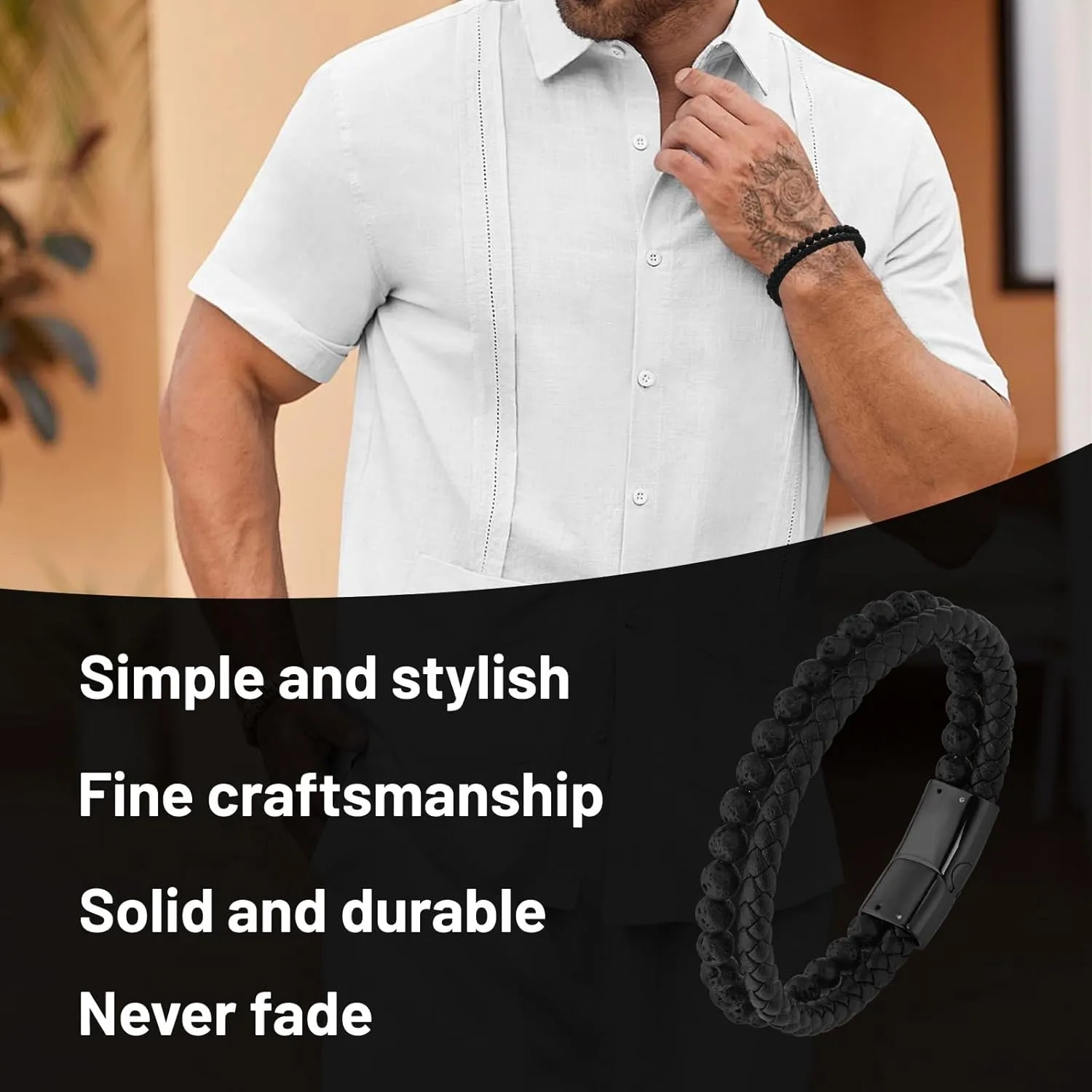 Mens Bracelet, Jewelry Gifts for Men,Black Braided Leather Stainless Steel Cross With Black Onyx Beads Double-Row Bracelets for Men,For Dad,Friends,Brother,Sons