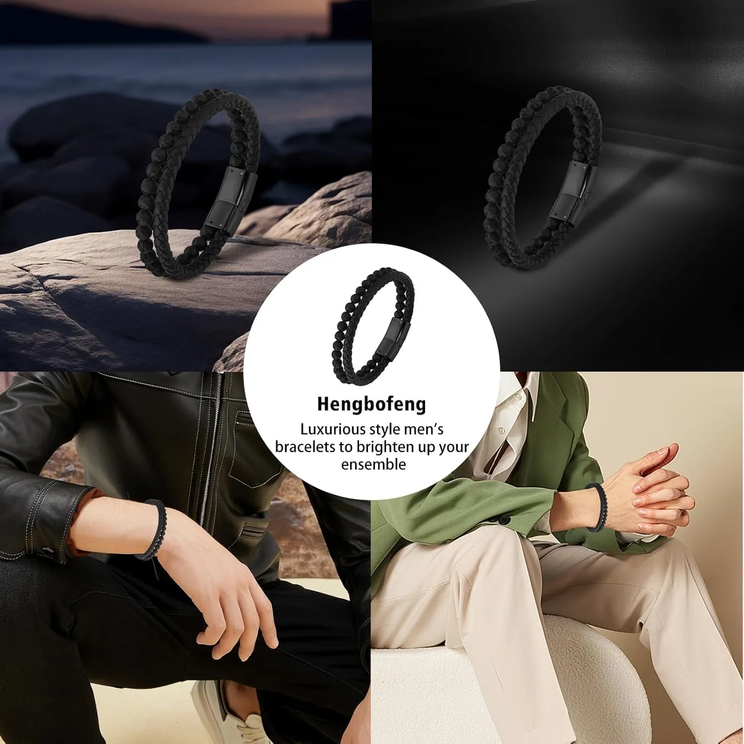 Mens Bracelet, Jewelry Gifts for Men,Black Braided Leather Stainless Steel Cross With Black Onyx Beads Double-Row Bracelets for Men,For Dad,Friends,Brother,Sons