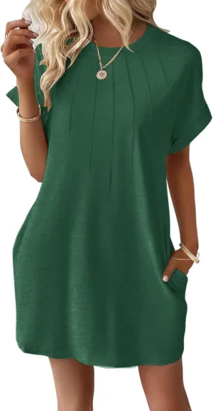 Minclouse Women's Casual Cap Short Sleeves Mini Dresses Cute Pleated T Shirt Dress with Pockets