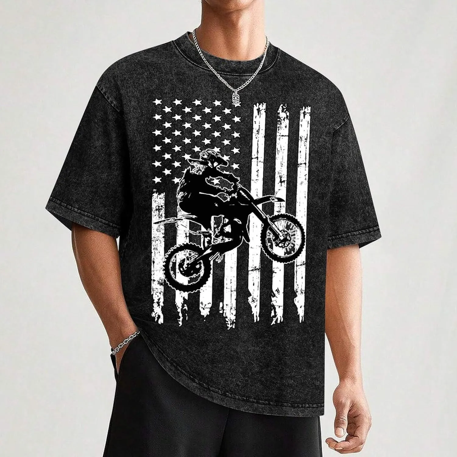 Motocross Dirt Bike Vintage Men's T Shirt Round Neck Drop Shoulder Tee Top Short Sleeve Pullover for Women