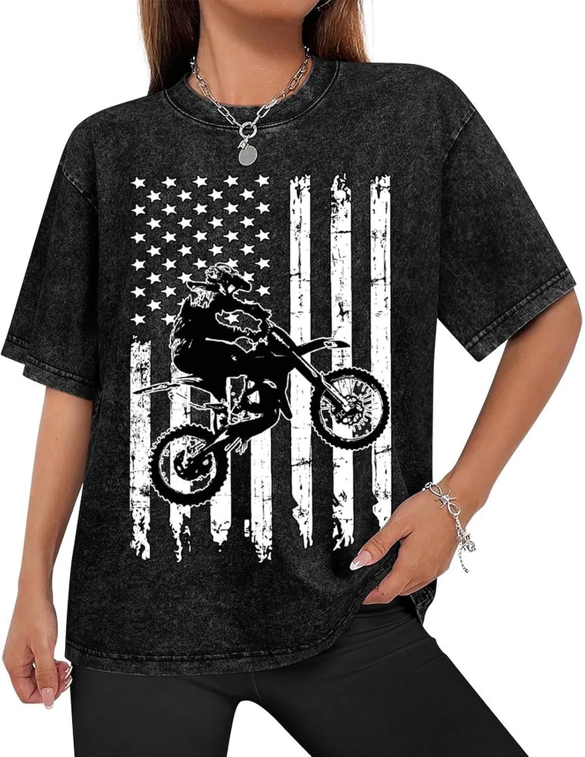 Motocross Dirt Bike Vintage Men's T Shirt Round Neck Drop Shoulder Tee Top Short Sleeve Pullover for Women