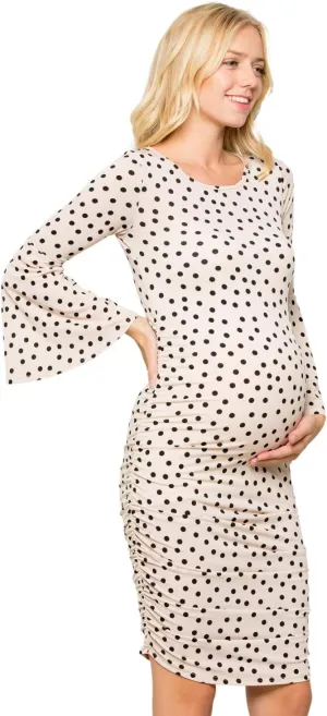 My Bump Women's Maternity Dress - Printed Fitted Stretch Bell Sleeve W/Ruched