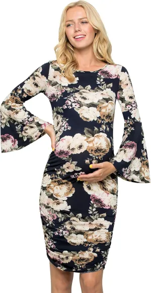My Bump Women's Maternity Dress - Printed Fitted Stretch Bell Sleeve W/Ruched