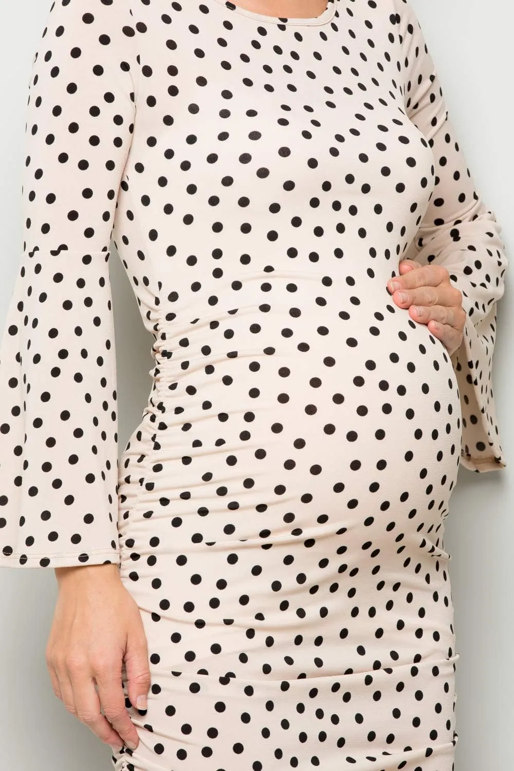 My Bump Women's Maternity Dress - Printed Fitted Stretch Bell Sleeve W/Ruched