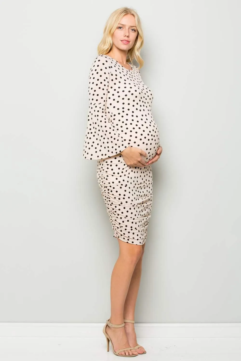 My Bump Women's Maternity Dress - Printed Fitted Stretch Bell Sleeve W/Ruched