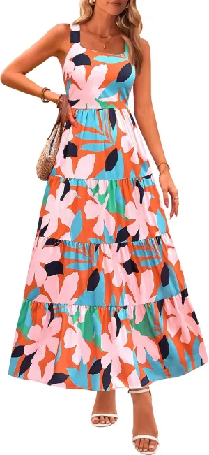 PRETTYGARDEN Women's Summer Floral Maxi Dress Sleeveless Smocked Ruffle Long Flowy Beach Vacation Boho Sundresses