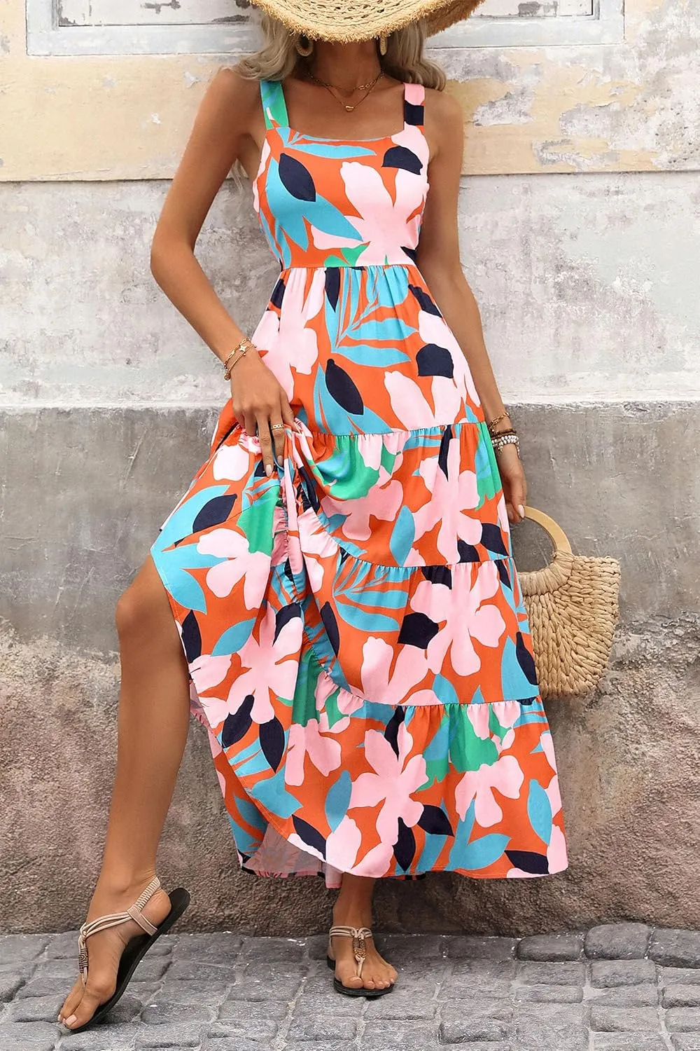 PRETTYGARDEN Women's Summer Floral Maxi Dress Sleeveless Smocked Ruffle Long Flowy Beach Vacation Boho Sundresses