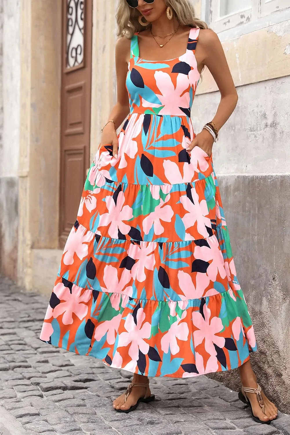 PRETTYGARDEN Women's Summer Floral Maxi Dress Sleeveless Smocked Ruffle Long Flowy Beach Vacation Boho Sundresses