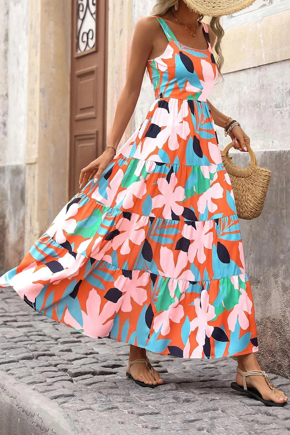 PRETTYGARDEN Women's Summer Floral Maxi Dress Sleeveless Smocked Ruffle Long Flowy Beach Vacation Boho Sundresses