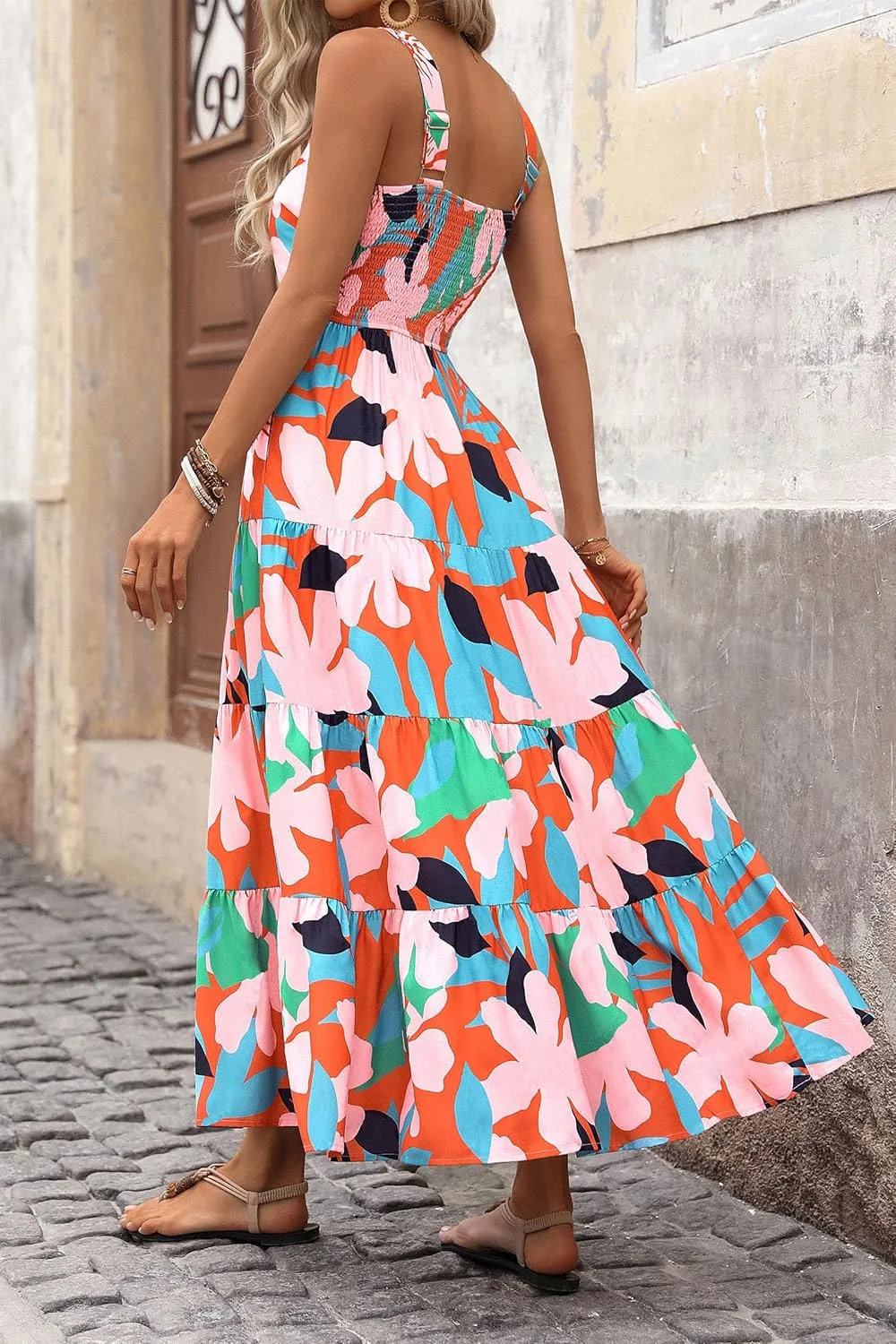 PRETTYGARDEN Women's Summer Floral Maxi Dress Sleeveless Smocked Ruffle Long Flowy Beach Vacation Boho Sundresses