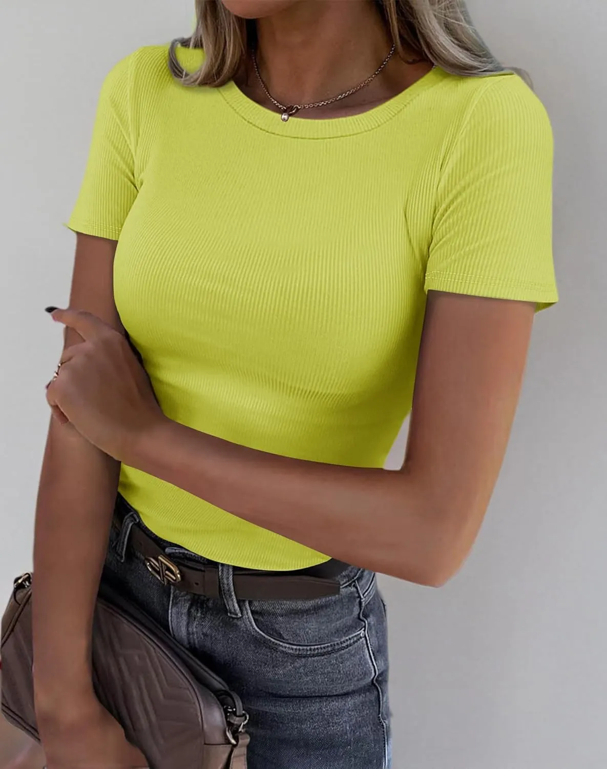 Roselux Women Crew Neck Ribbed Fitted Tight Tshirt Short Sleeve Shirt Basic Knit Top