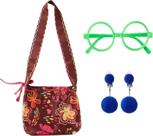 Round Green Glasses No Lens with Dress Up Purse Bag Blue Pom Clip On Earrings Costume Accessories