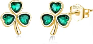 SLUYNZ 925 Sterling Silver CZ Leaf Clover Earrings Stud for Women Teens Shamrock Studs Earrings Love Clover Earrings Green for Spring