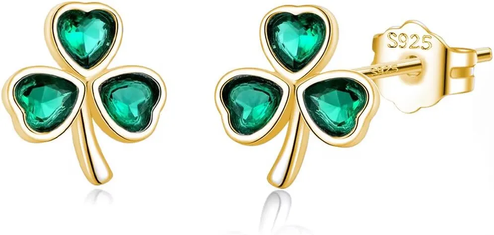 SLUYNZ 925 Sterling Silver CZ Leaf Clover Earrings Stud for Women Teens Shamrock Studs Earrings Love Clover Earrings Green for Spring