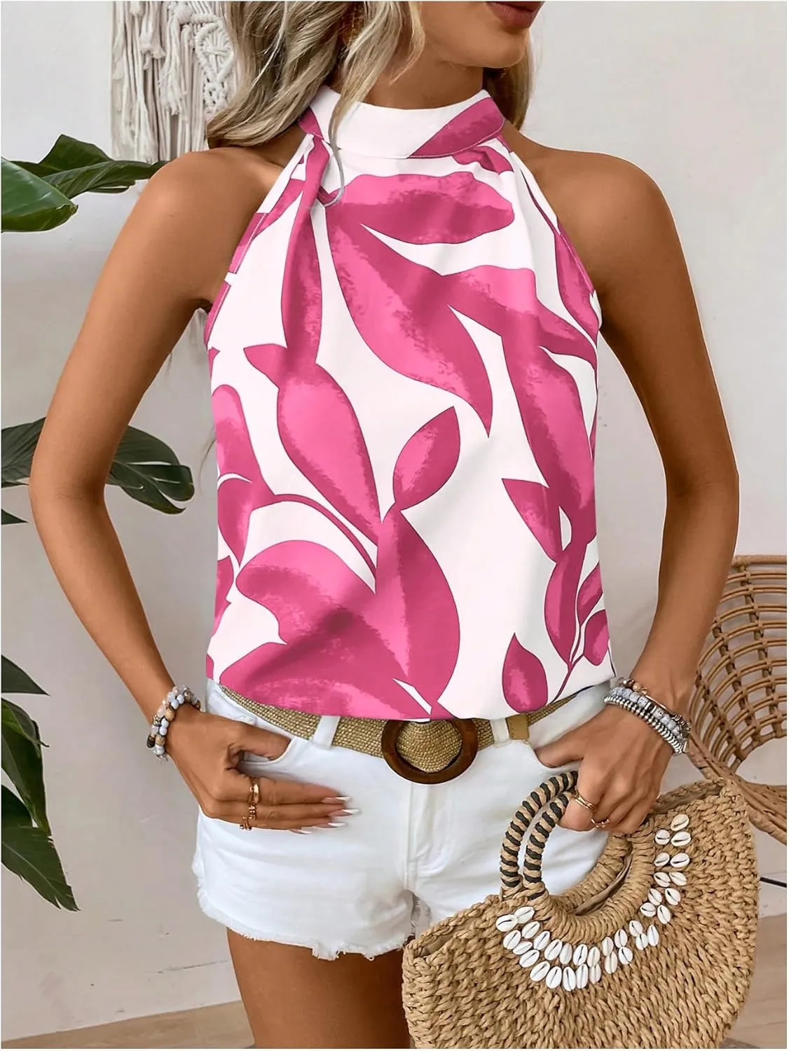 SweatyRocks Women's Boho Printed Halter Top Tie Mock Neck Sleeveless Blouses