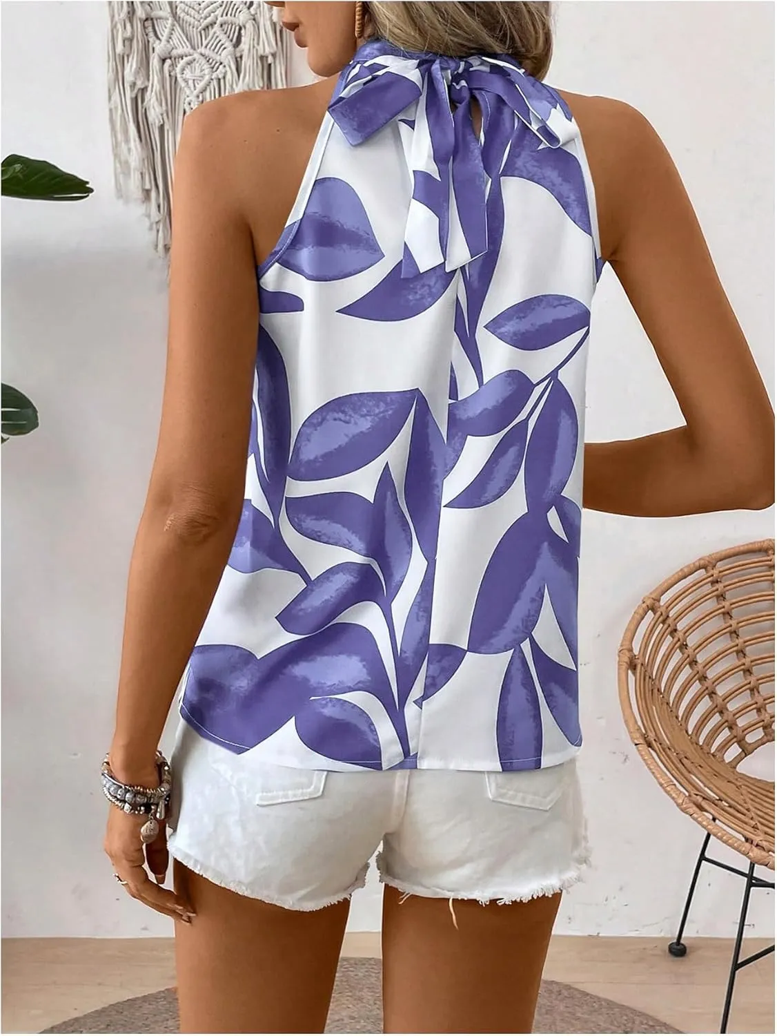 SweatyRocks Women's Boho Printed Halter Top Tie Mock Neck Sleeveless Blouses