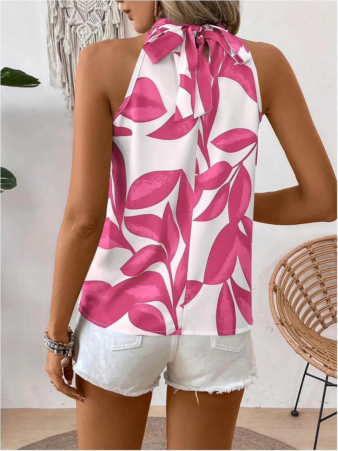 SweatyRocks Women's Boho Printed Halter Top Tie Mock Neck Sleeveless Blouses
