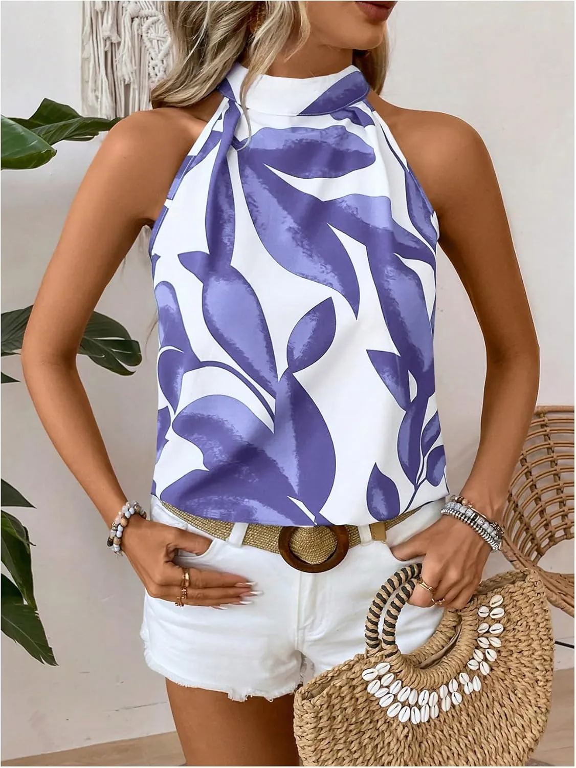 SweatyRocks Women's Boho Printed Halter Top Tie Mock Neck Sleeveless Blouses