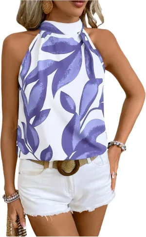 SweatyRocks Women's Boho Printed Halter Top Tie Mock Neck Sleeveless Blouses