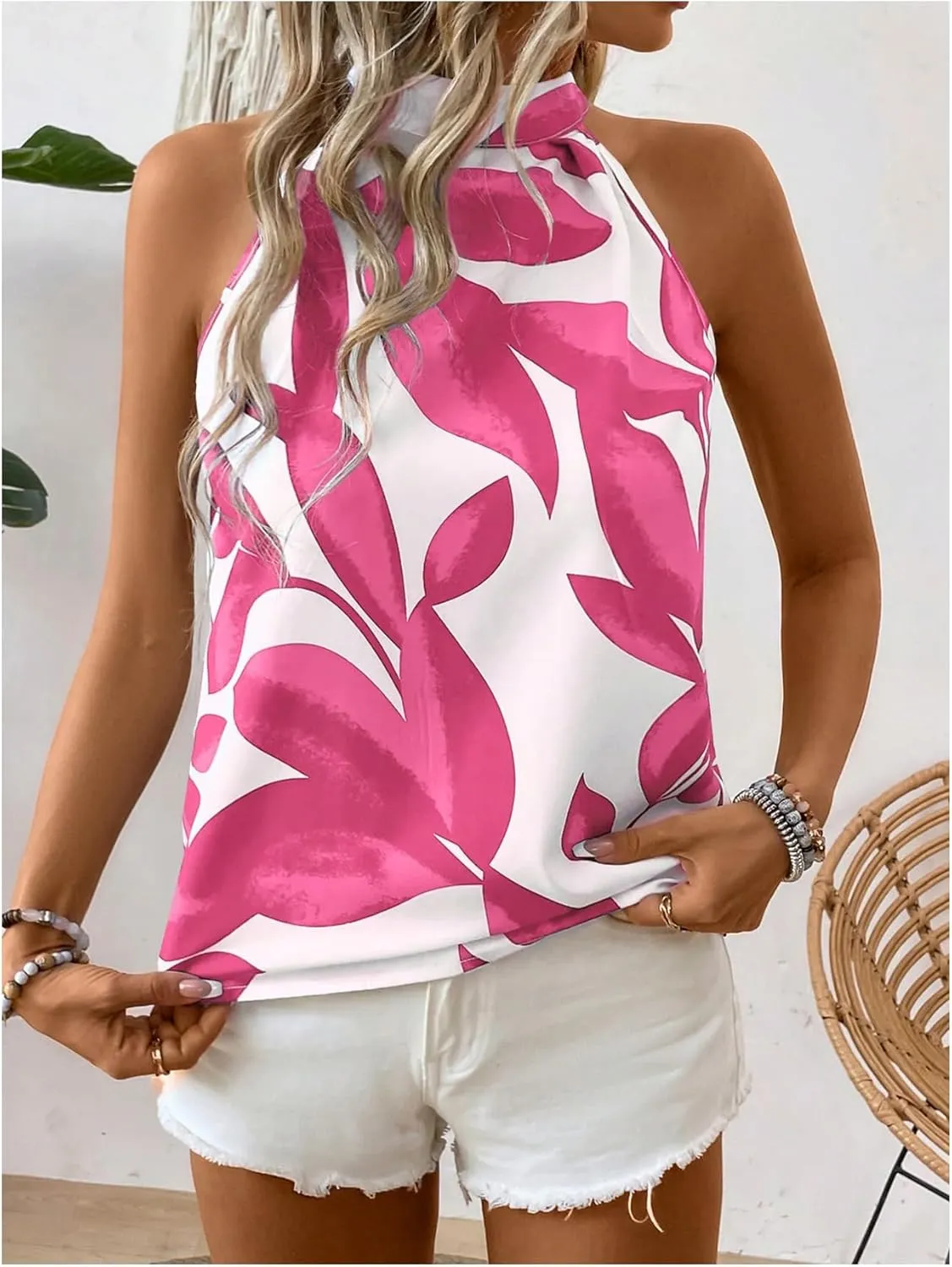 SweatyRocks Women's Boho Printed Halter Top Tie Mock Neck Sleeveless Blouses