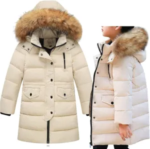 Toddler Baby Boys Girls Winter Padded Overcoat Puffer Jacket Children Hoodie Faux Fur Parka Down Coat(Beige,11-12 Years)