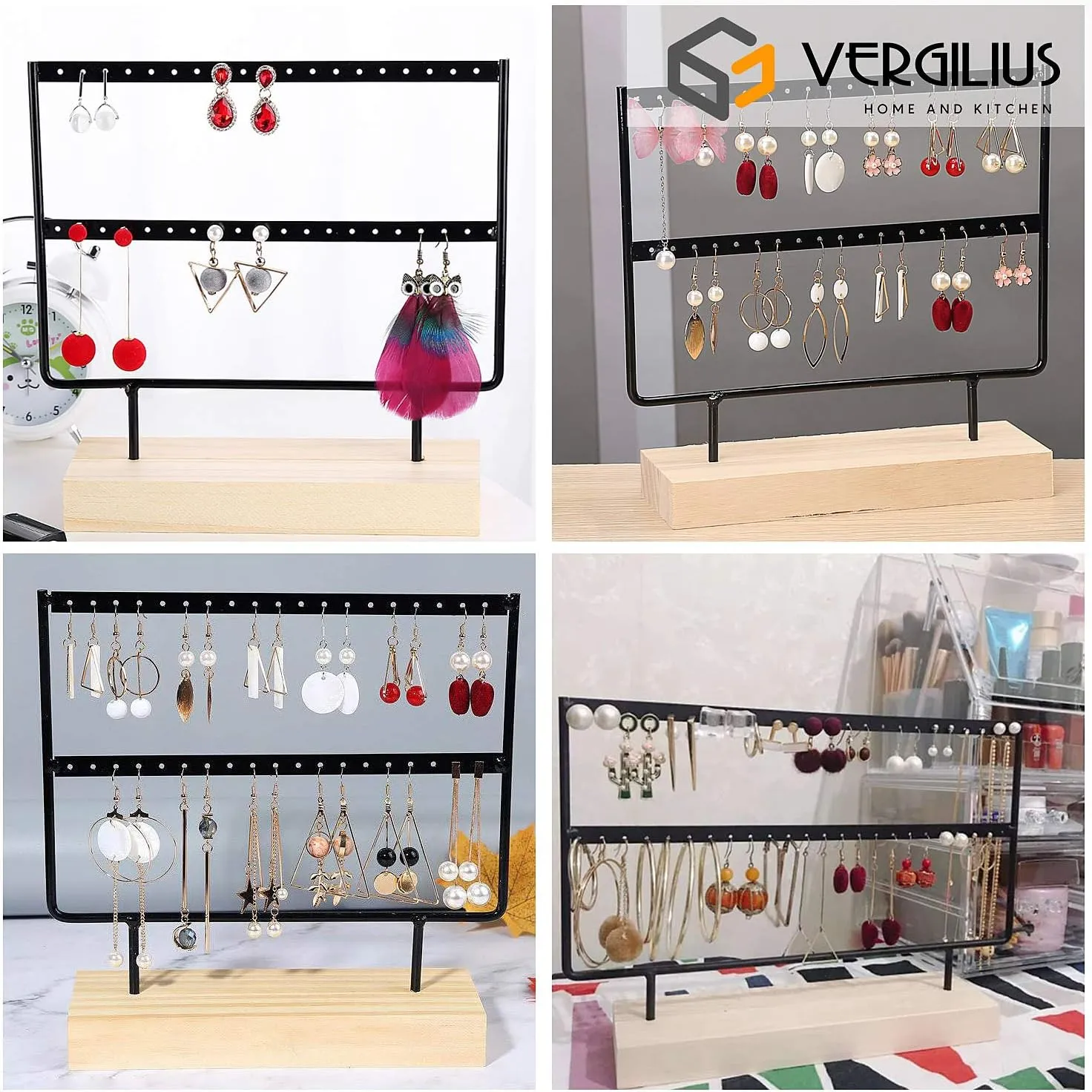 VERGILIUS Earrings Organizer Jewelry Holder Display Wood Stand (2 Layers Black)