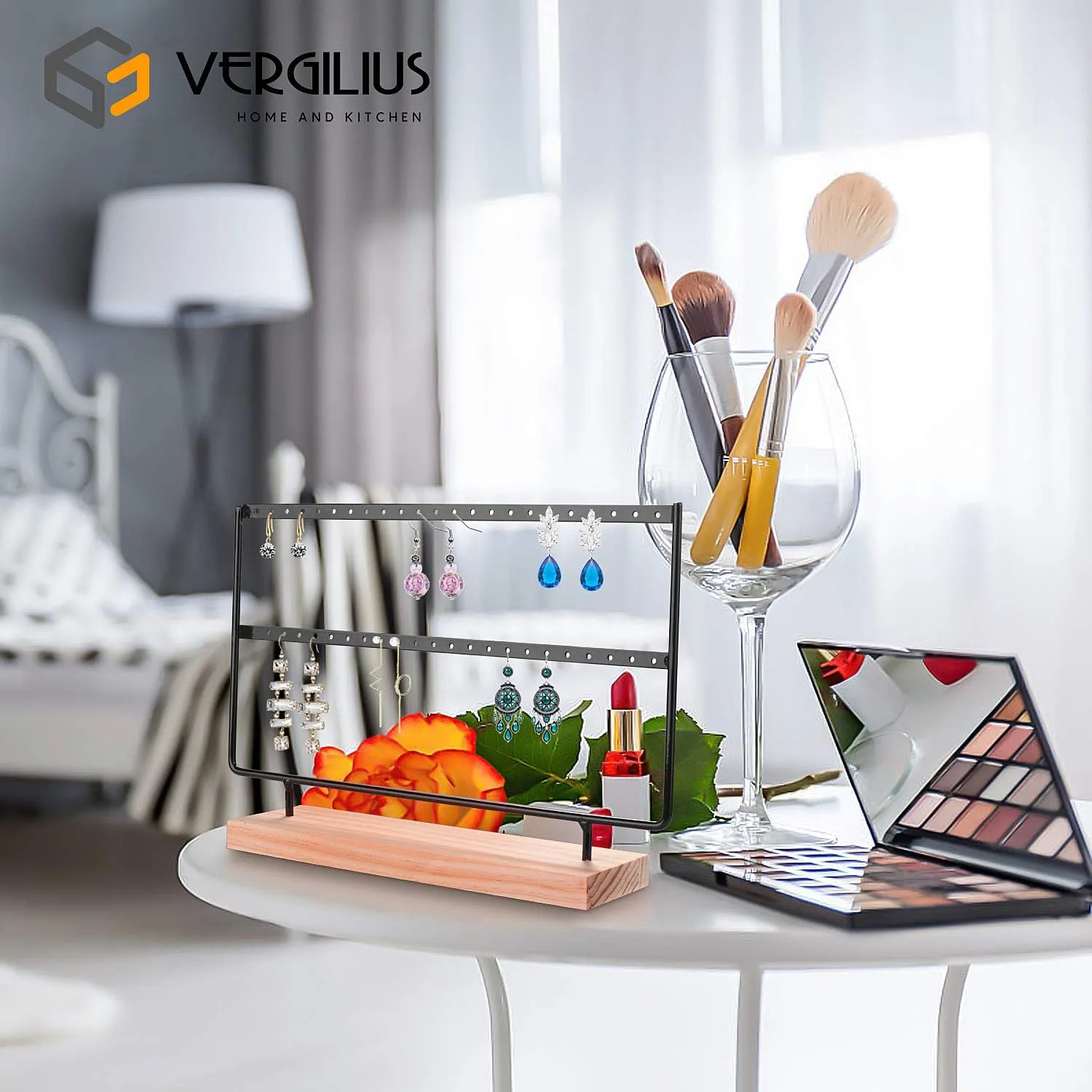 VERGILIUS Earrings Organizer Jewelry Holder Display Wood Stand (2 Layers Black)