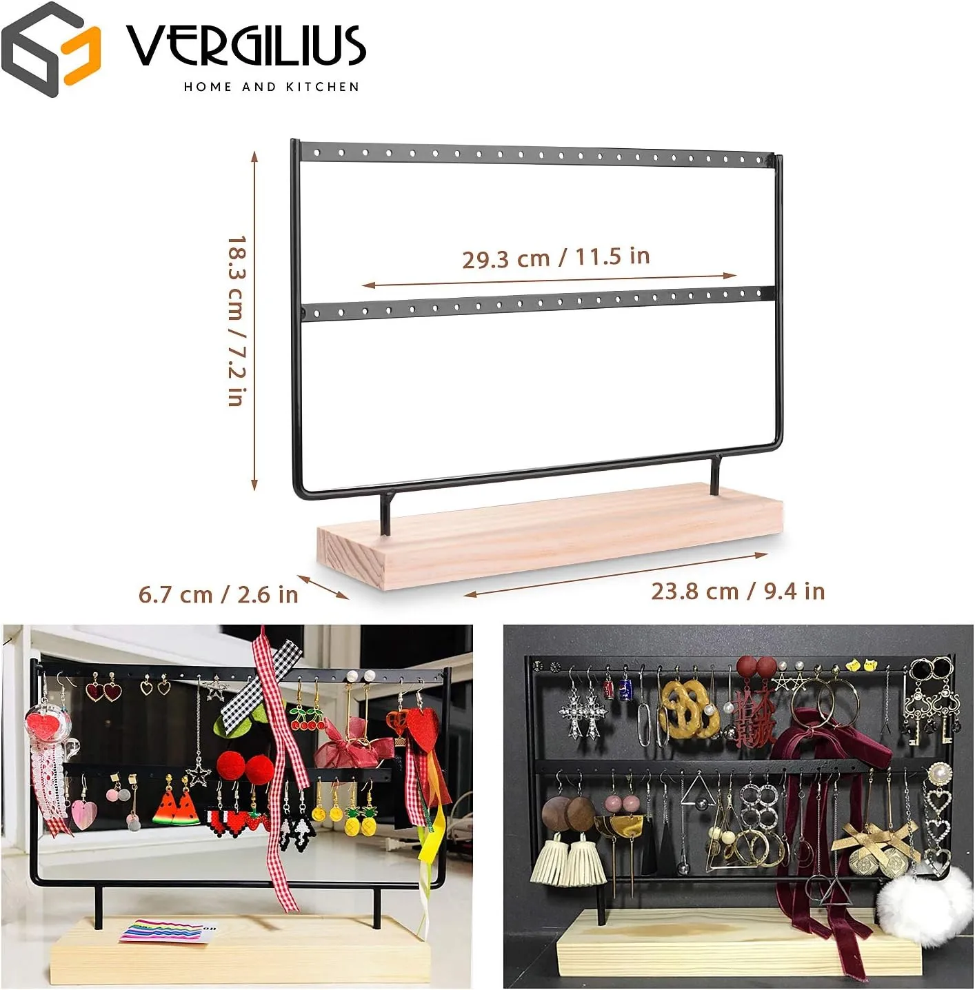 VERGILIUS Earrings Organizer Jewelry Holder Display Wood Stand (2 Layers Black)