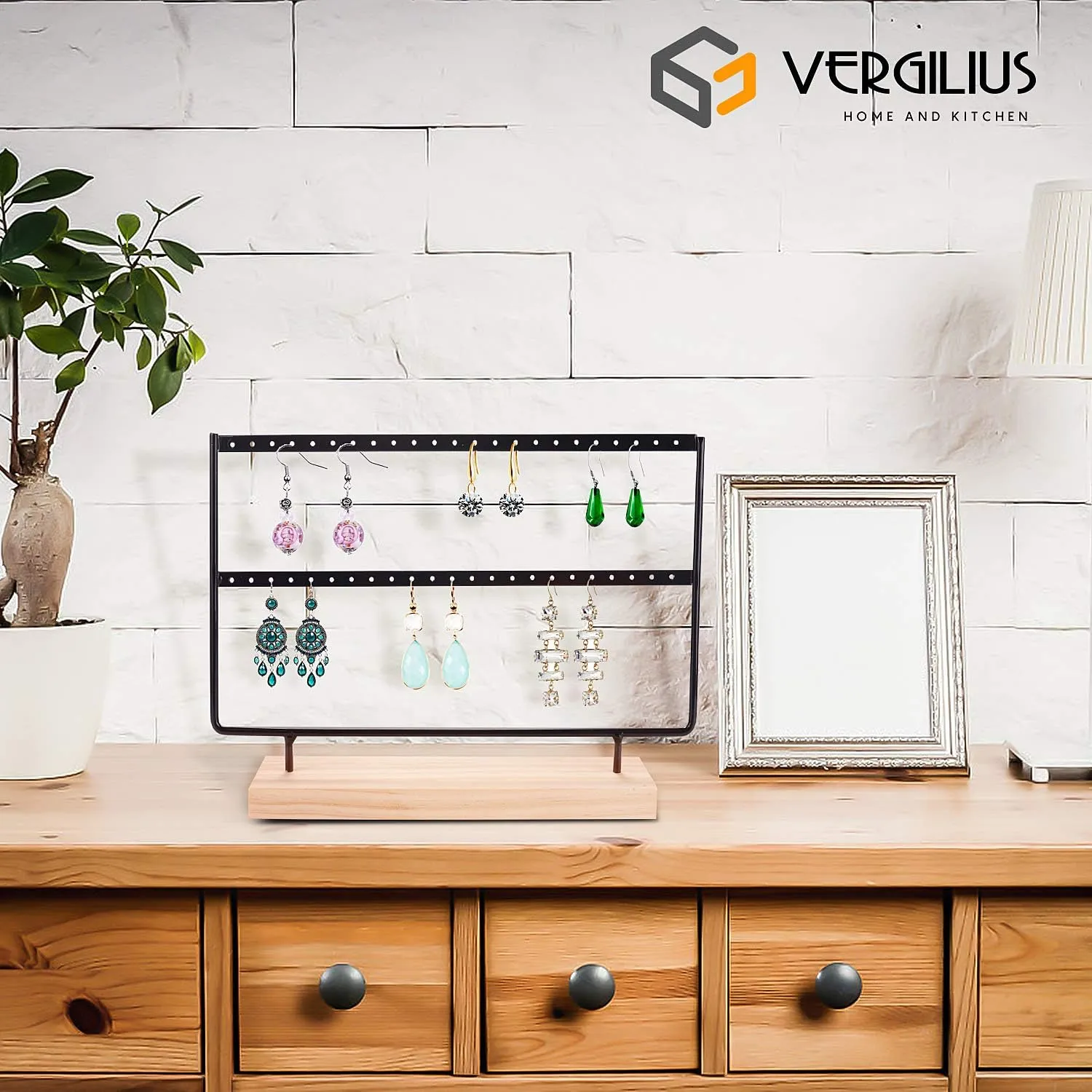 VERGILIUS Earrings Organizer Jewelry Holder Display Wood Stand (2 Layers Black)
