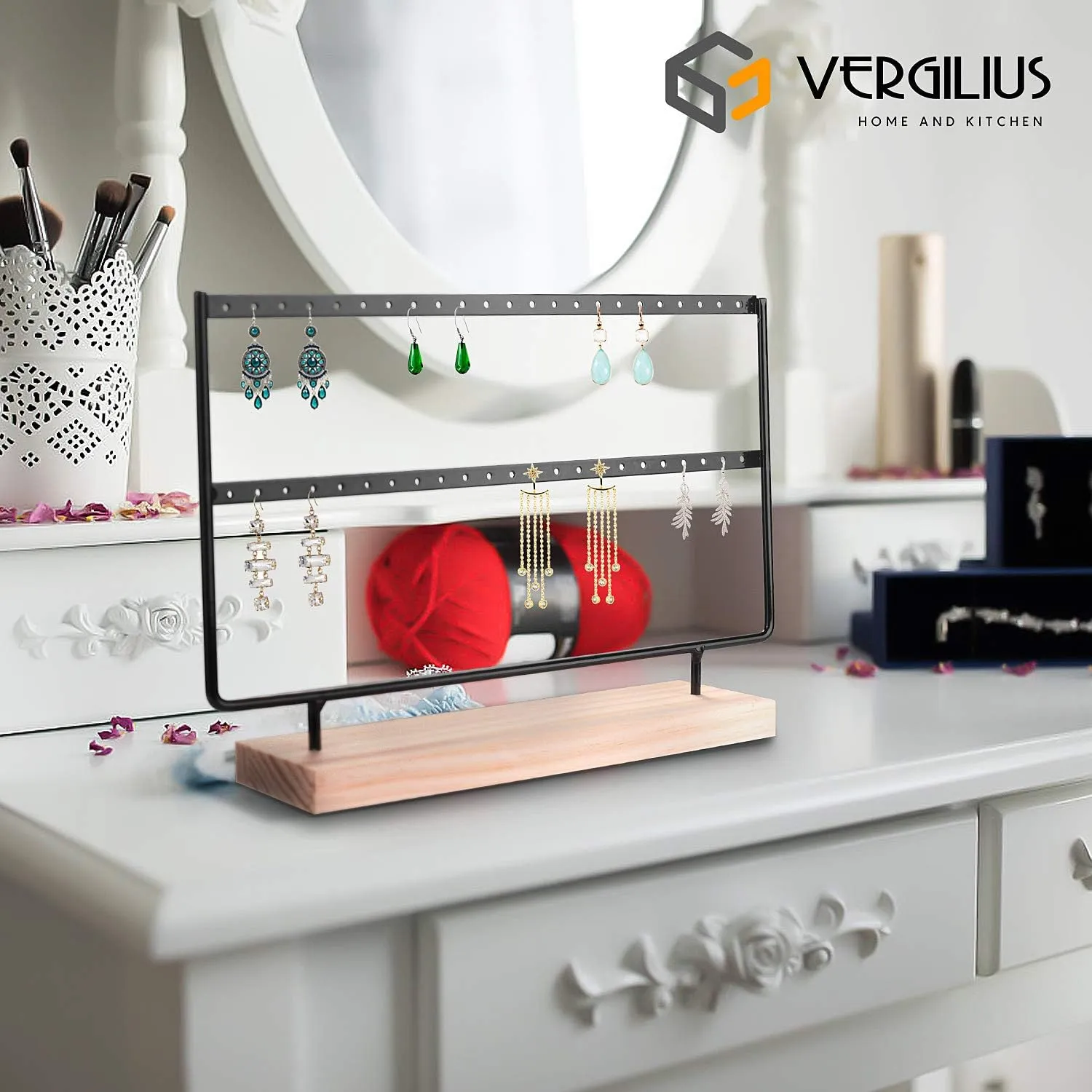 VERGILIUS Earrings Organizer Jewelry Holder Display Wood Stand (2 Layers Black)