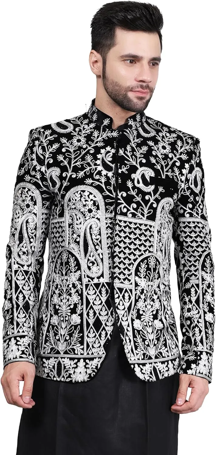 WINTAGE Embroidered Velvet Black Bandhgala