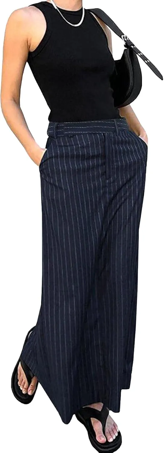 Women's Blue Long Pencil Skirts High Waisted Striped Skirt Commuting Seam Pocket Split Zipper Skirt