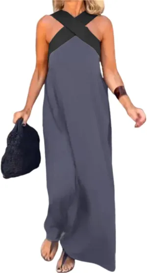 Women's Cross Halter Neck Sleeveless Stitching Dress, Trendy Causal Summer Beach Long Dress