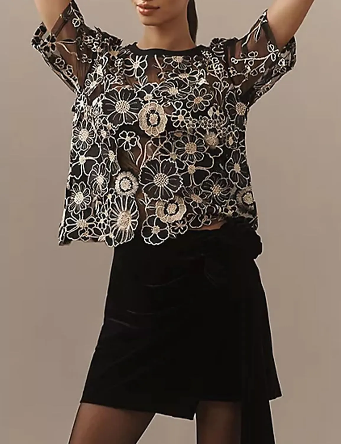 Women's Embroidered 3D Floral Blouse Short Sleeve Crew Neck Sheer Lace Tee Shirts