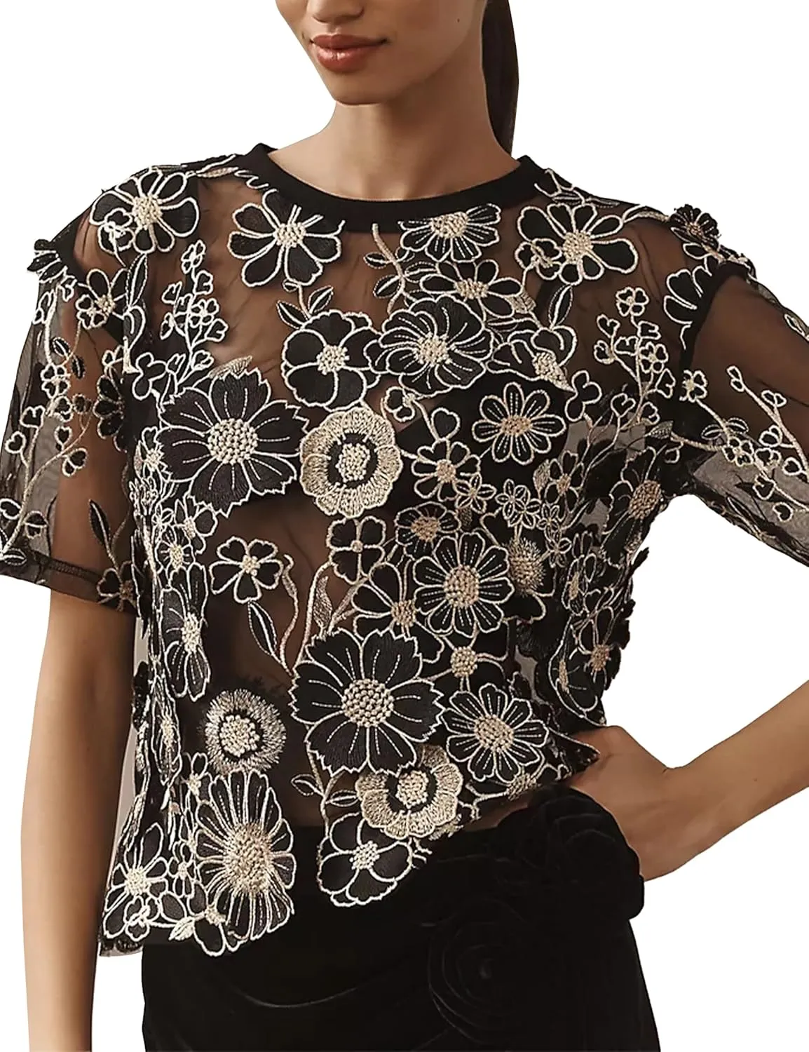 Women's Embroidered 3D Floral Blouse Short Sleeve Crew Neck Sheer Lace Tee Shirts