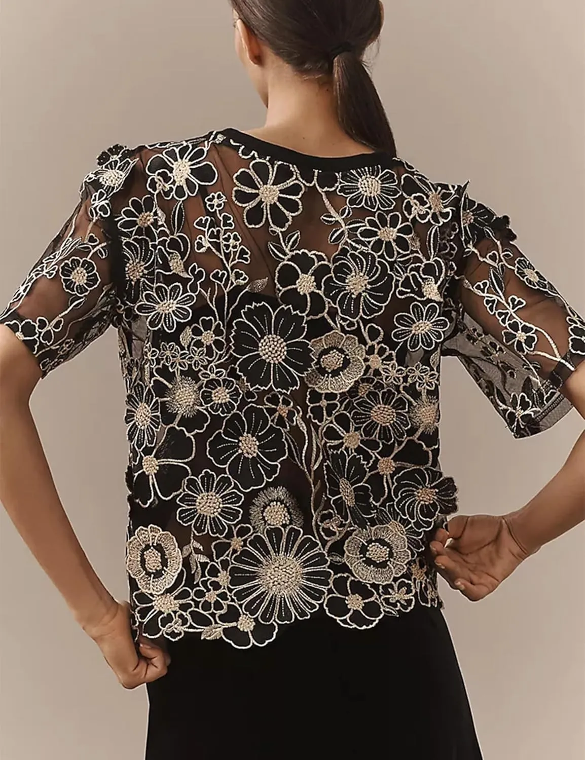 Women's Embroidered 3D Floral Blouse Short Sleeve Crew Neck Sheer Lace Tee Shirts