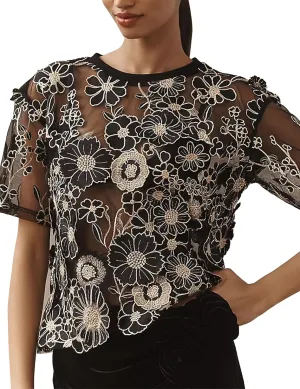 Women's Embroidered 3D Floral Blouse Short Sleeve Crew Neck Sheer Lace Tee Shirts