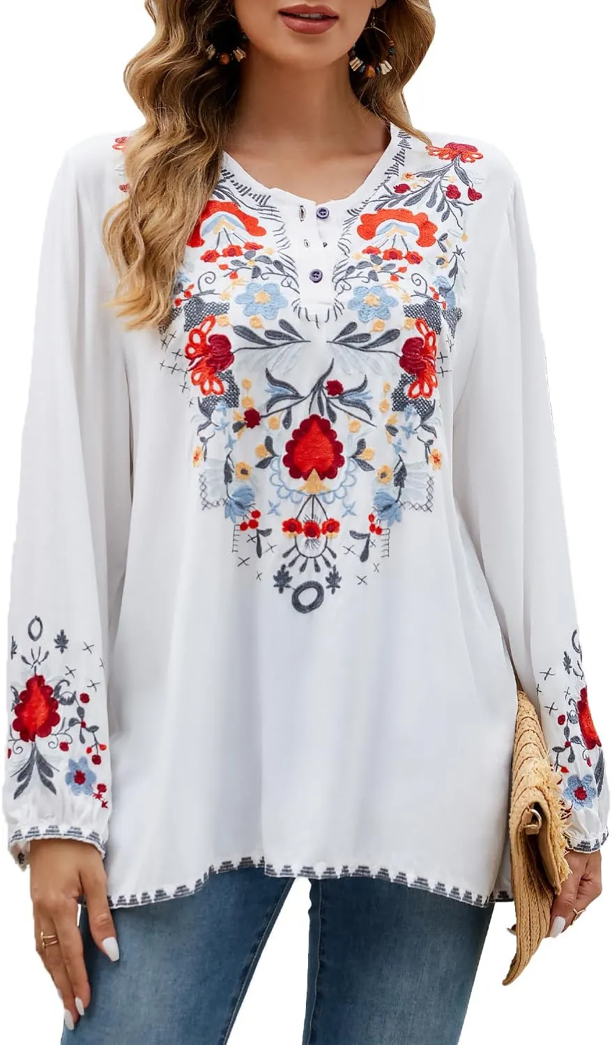 Womens Embroidered Tops Fall Shirts Long Sleeve Casual Mexican Blouses Loose Peasant Tunic Trendy Clothes