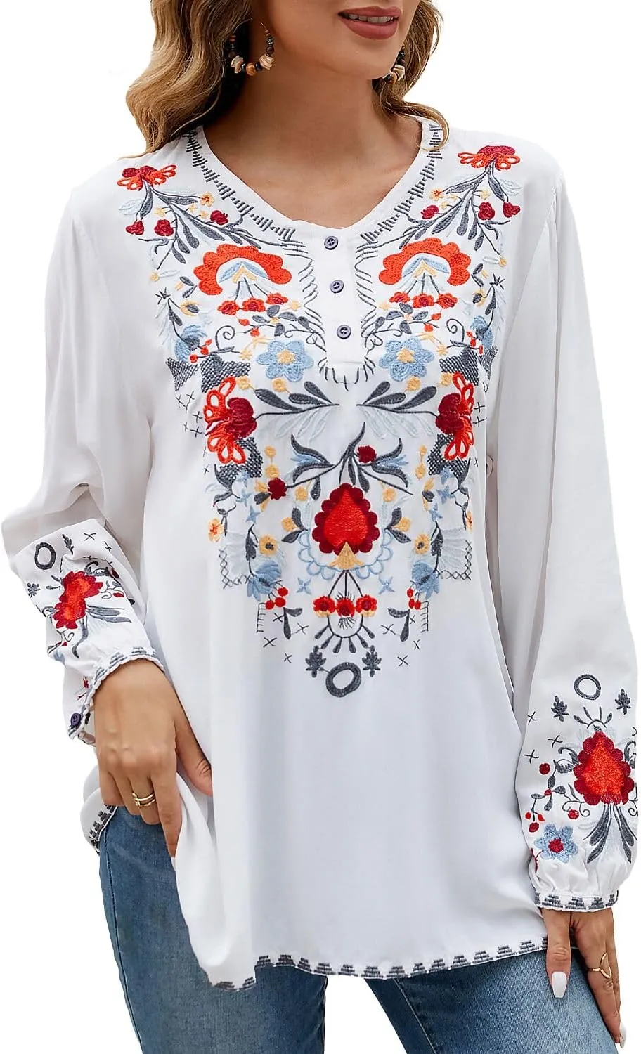 Womens Embroidered Tops Fall Shirts Long Sleeve Casual Mexican Blouses Loose Peasant Tunic Trendy Clothes