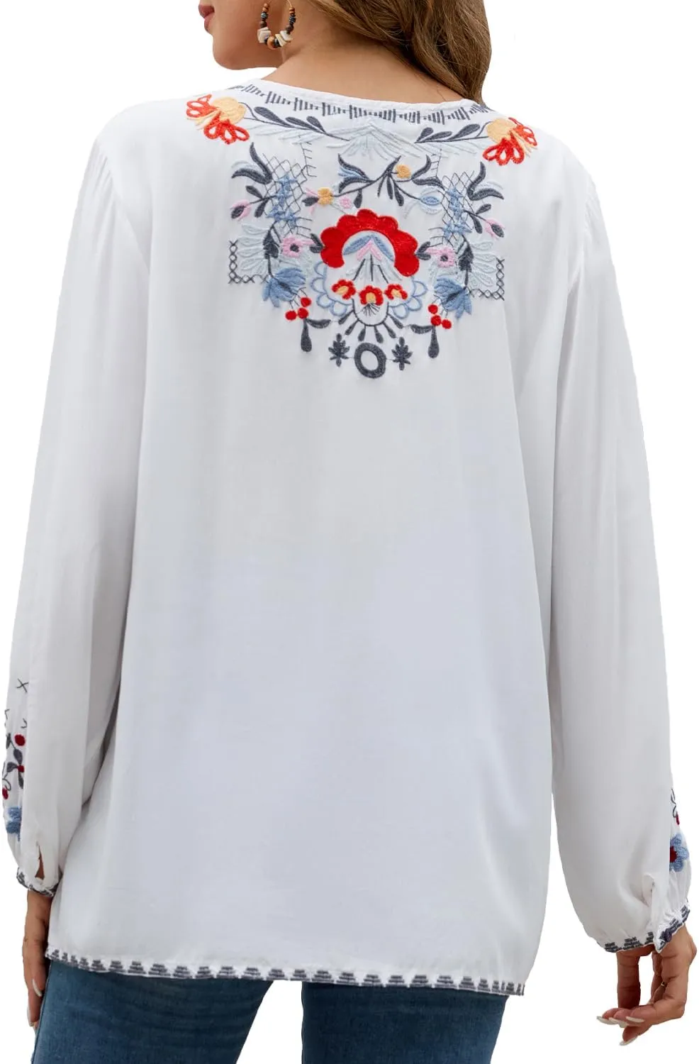 Womens Embroidered Tops Fall Shirts Long Sleeve Casual Mexican Blouses Loose Peasant Tunic Trendy Clothes