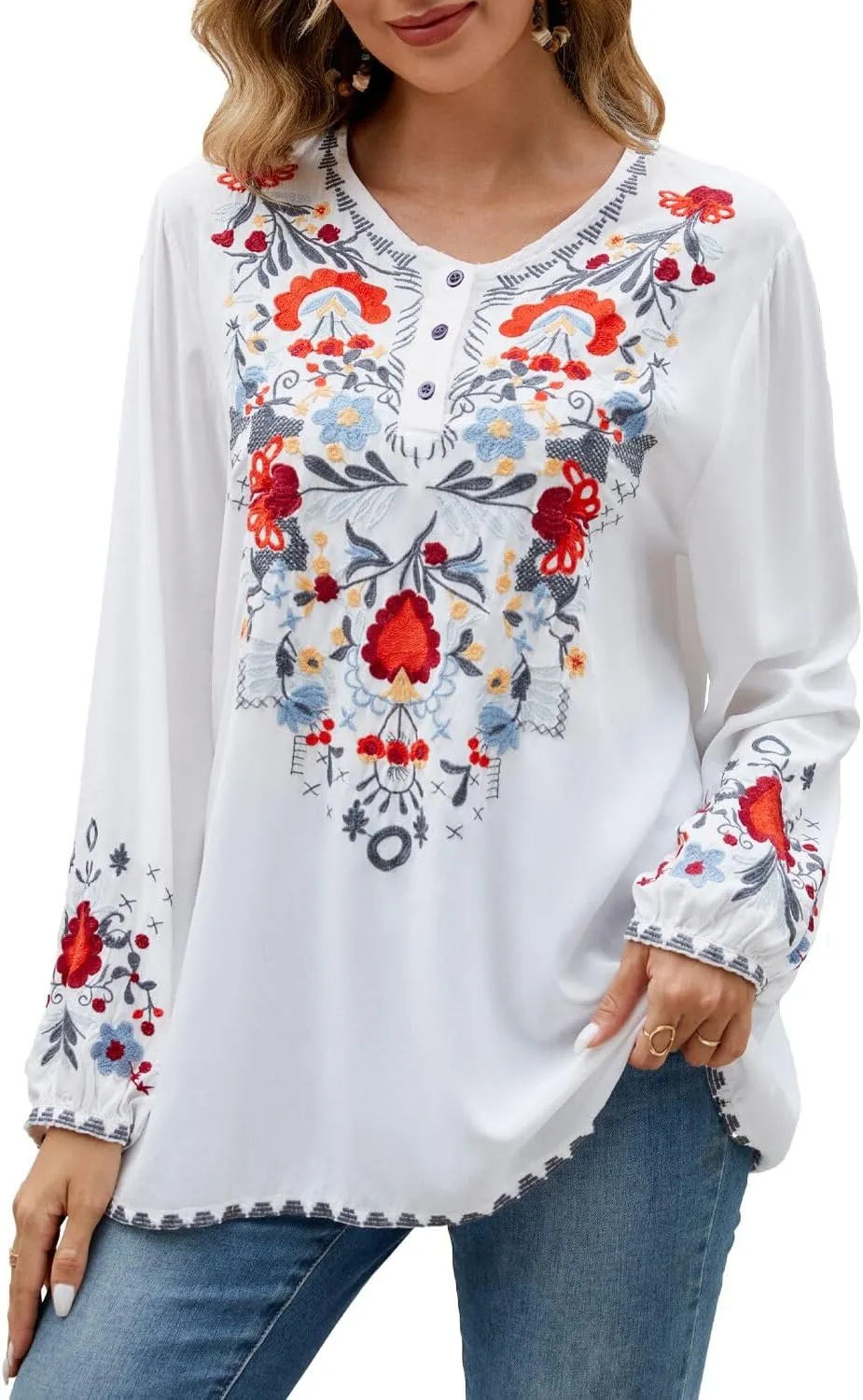 Womens Embroidered Tops Fall Shirts Long Sleeve Casual Mexican Blouses Loose Peasant Tunic Trendy Clothes