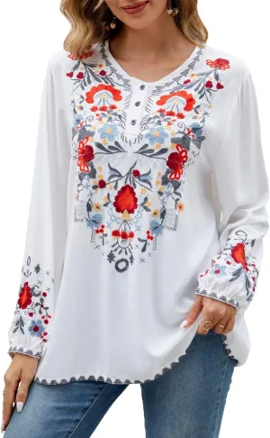 Womens Embroidered Tops Fall Shirts Long Sleeve Casual Mexican Blouses Loose Peasant Tunic Trendy Clothes