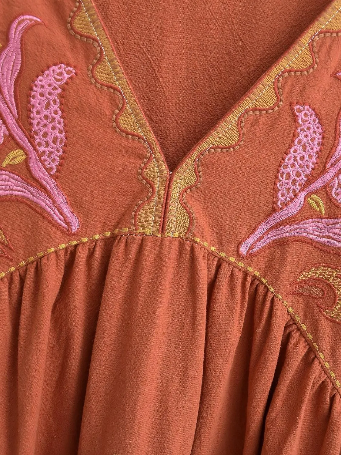 Womens Oversized Embroidered Dress with V-Neck and 3/4 Sleeves Vintage Embroidery Babydoll Dress