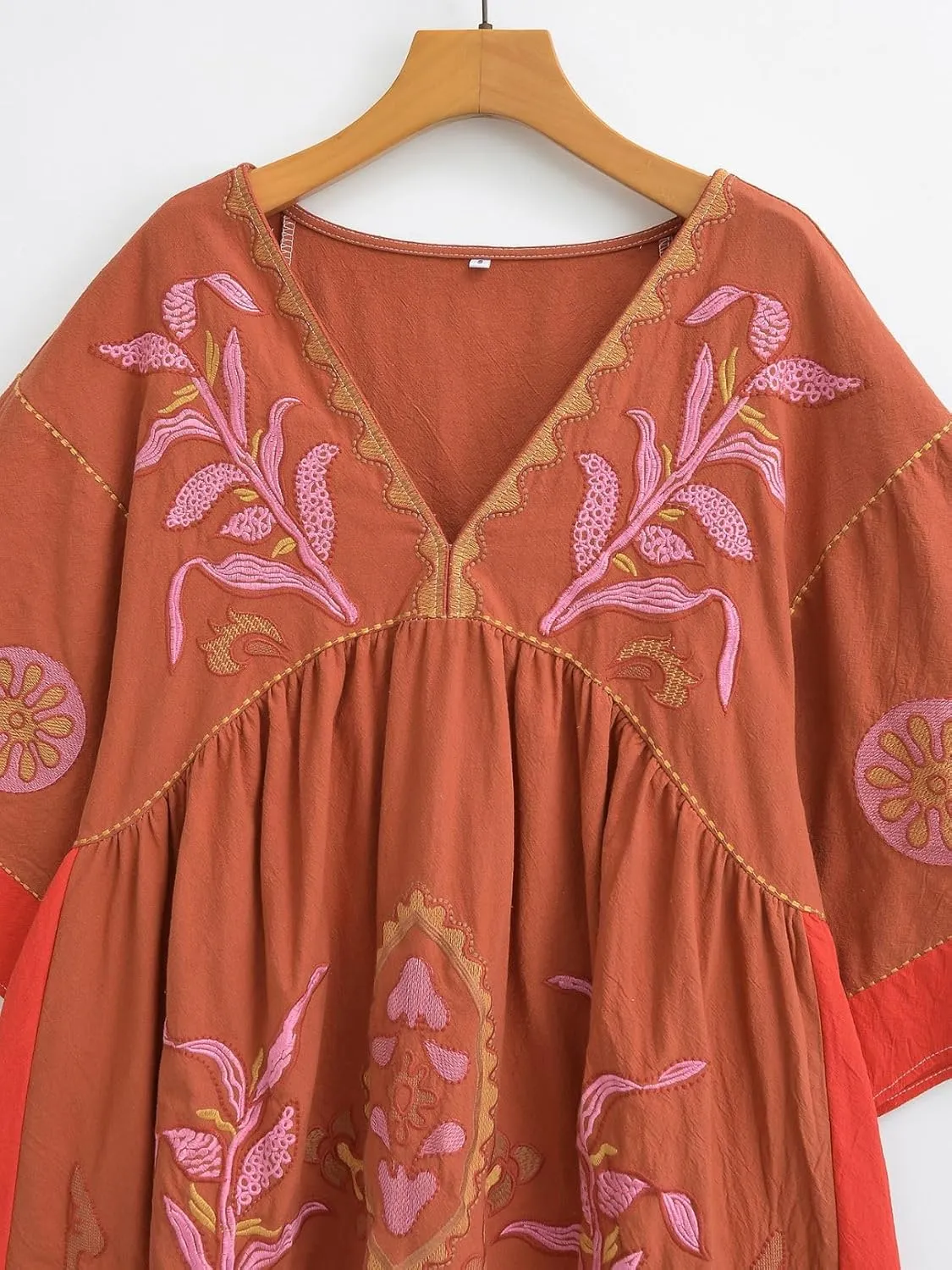 Womens Oversized Embroidered Dress with V-Neck and 3/4 Sleeves Vintage Embroidery Babydoll Dress