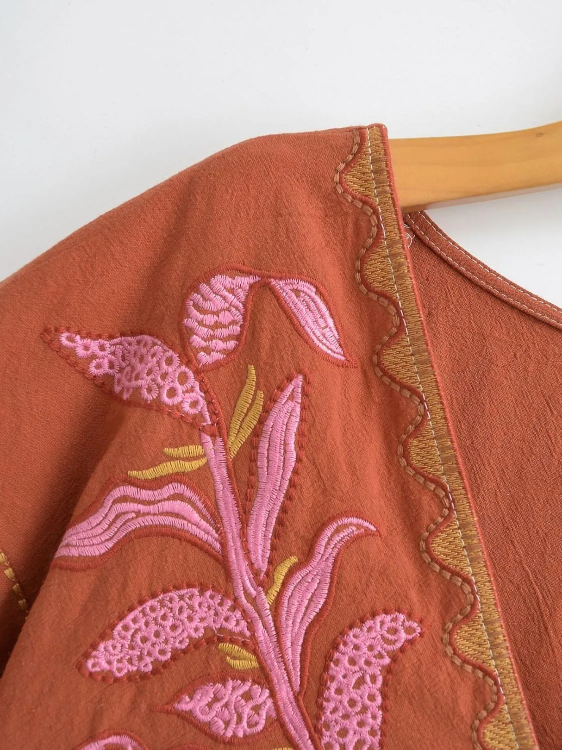 Womens Oversized Embroidered Dress with V-Neck and 3/4 Sleeves Vintage Embroidery Babydoll Dress