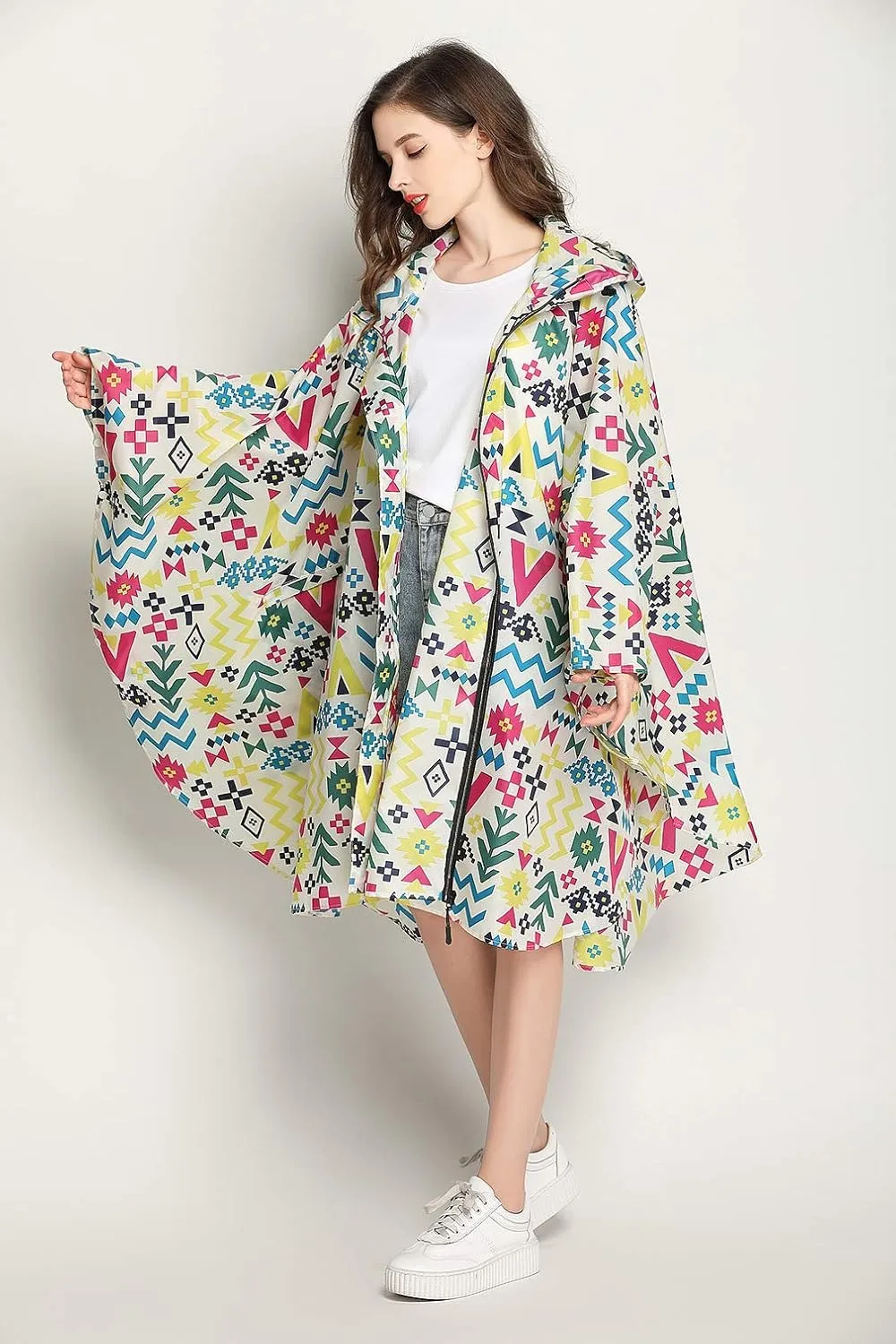 Womens Rain Poncho Stylish Polyester Waterproof Raincoat Free Size with Hood Zipper